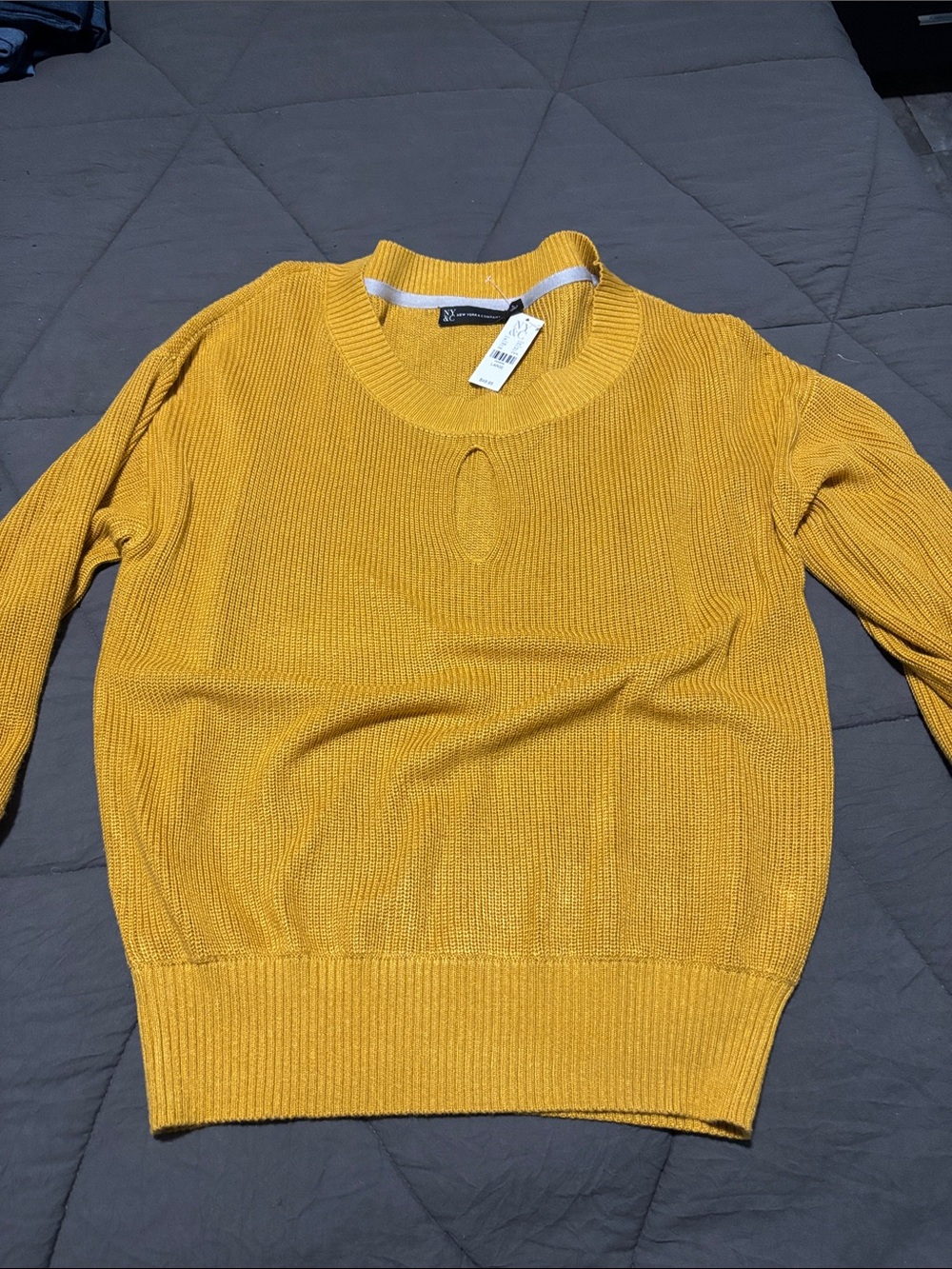 New York & Company Mustard Keyhole Ribbed Crew Sweater